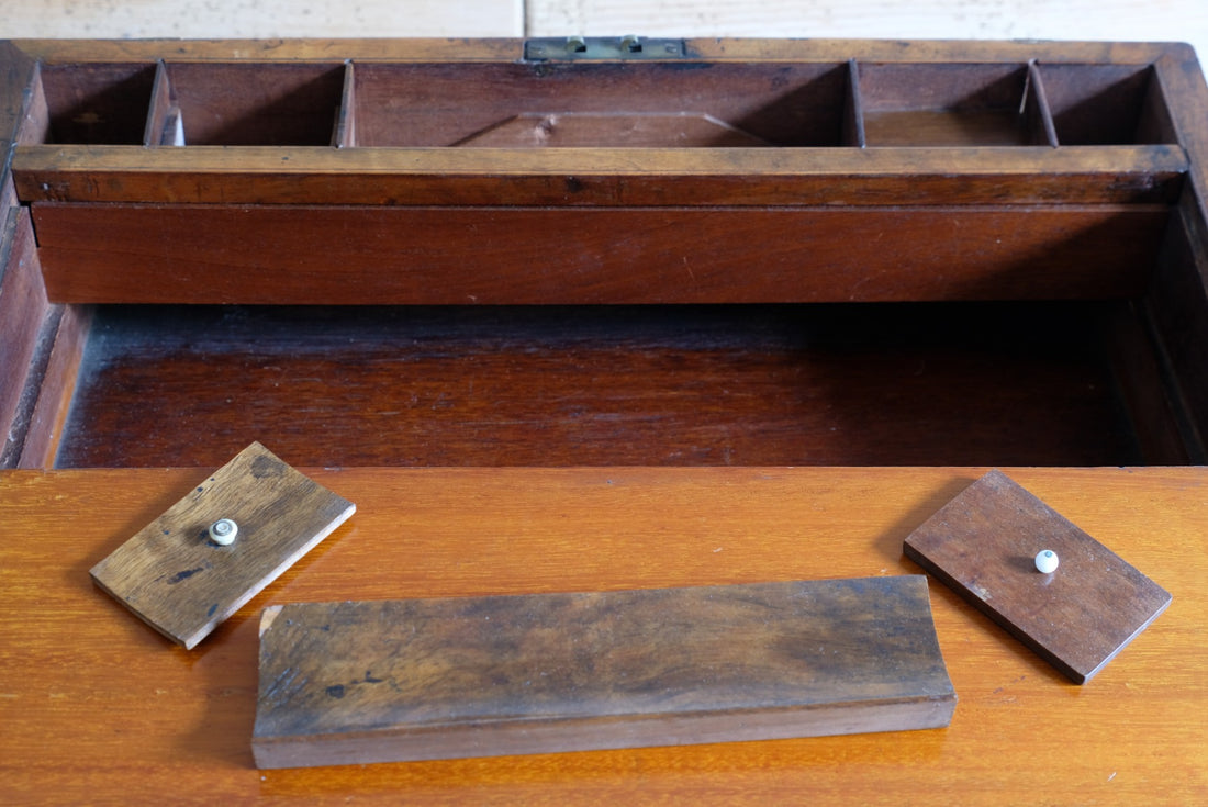 19th century Victorian burr walnut writing slope with brass corner straps and green baize interior