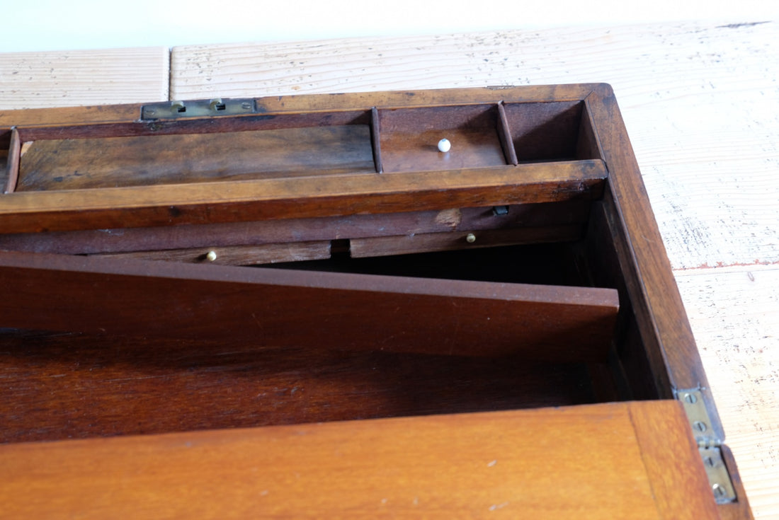 19th century Victorian burr walnut writing slope with brass corner straps and green baize interior