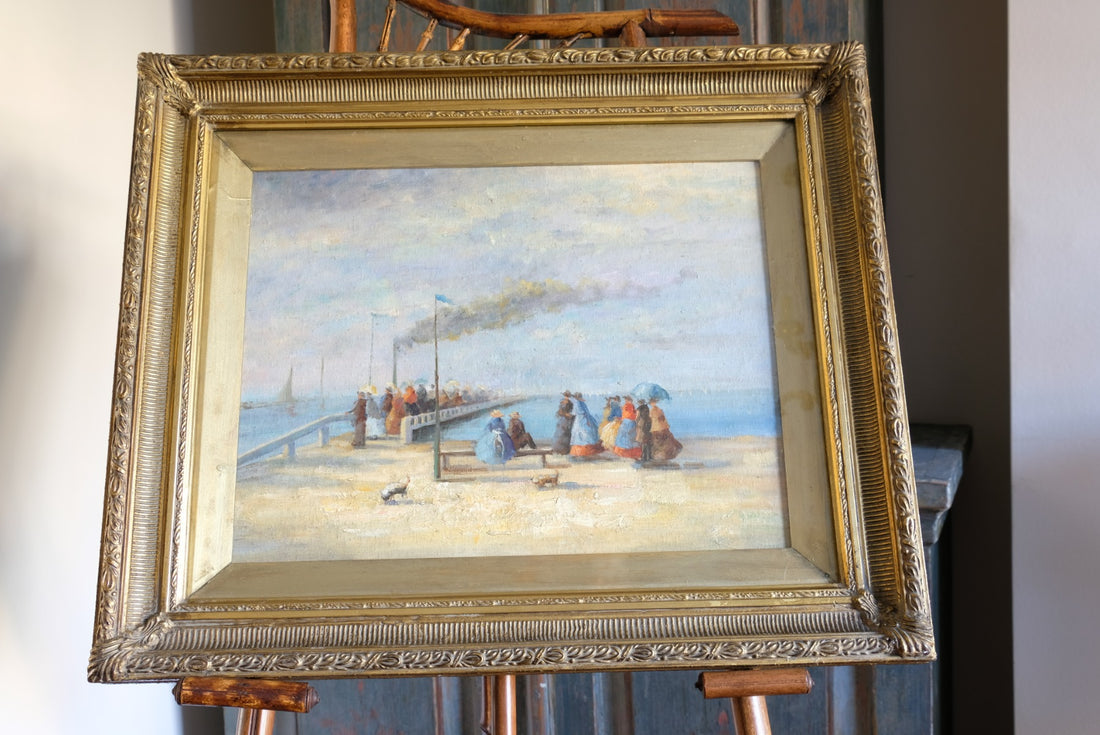 Waiting On The Jetty For A Steam Boat Oil Canvas Victorian Maritime Scene