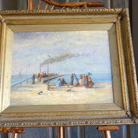 Waiting On The Jetty For A Steam Boat Oil Canvas Victorian Maritime Scene