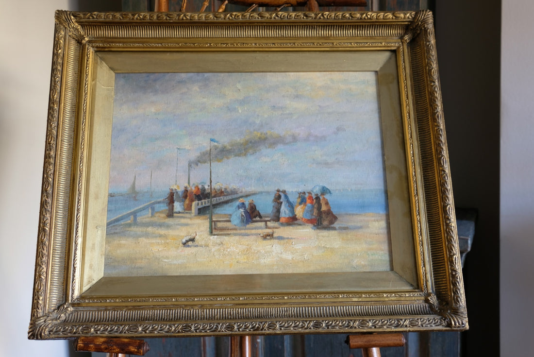 Waiting On The Jetty For A Steam Boat Oil Canvas Victorian Maritime Scene