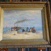 Waiting On The Jetty For A Steam Boat Oil Canvas Victorian Maritime Scene