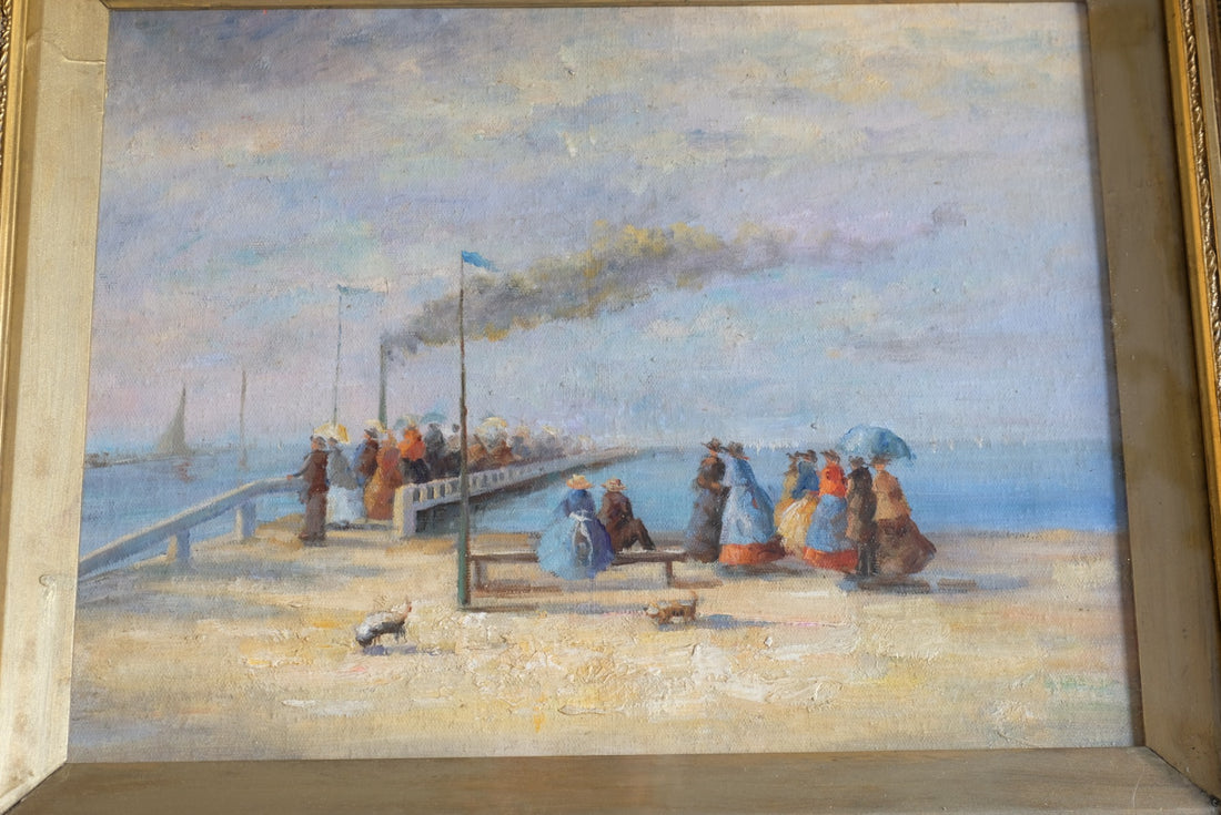 Waiting On The Jetty For A Steam Boat Oil Canvas Victorian Maritime Scene