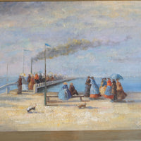 Waiting On The Jetty For A Steam Boat Oil Canvas Victorian Maritime Scene