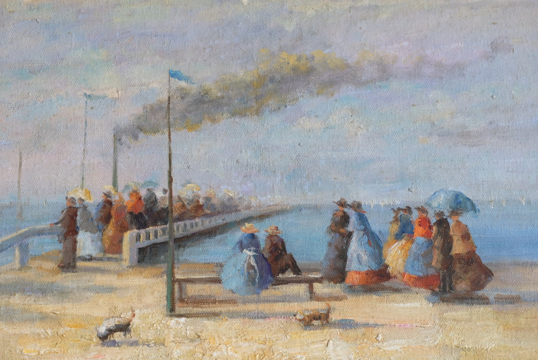 Waiting On The Jetty For A Steam Boat Oil Canvas Victorian Maritime Scene