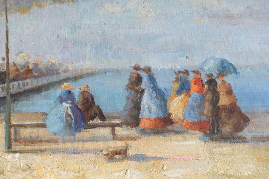 Waiting On The Jetty For A Steam Boat Oil Canvas Victorian Maritime Scene
