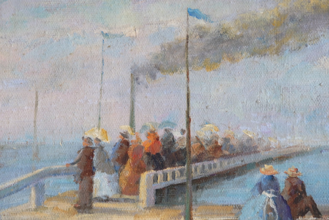 Waiting On The Jetty For A Steam Boat Oil Canvas Victorian Maritime Scene