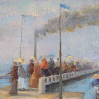 Waiting On The Jetty For A Steam Boat Oil Canvas Victorian Maritime Scene