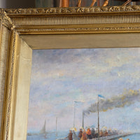 Waiting On The Jetty For A Steam Boat Oil Canvas Victorian Maritime Scene