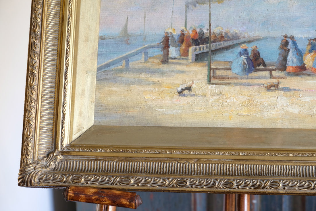 Waiting On The Jetty For A Steam Boat Oil Canvas Victorian Maritime Scene