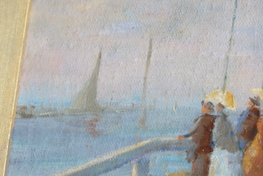 Waiting On The Jetty For A Steam Boat Oil Canvas Victorian Maritime Scene