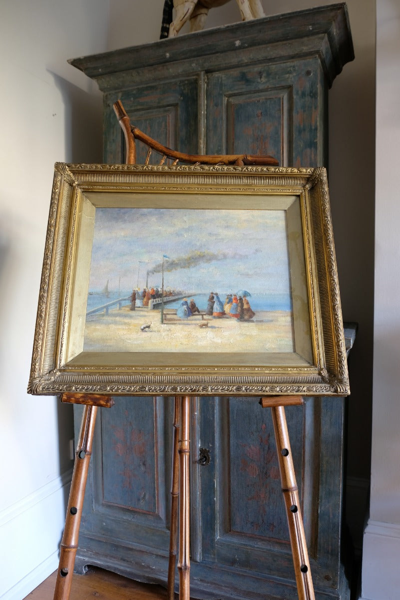 Waiting On The Jetty For A Steam Boat Oil Canvas Victorian Maritime Scene
