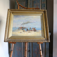 Waiting On The Jetty For A Steam Boat Oil Canvas Victorian Maritime Scene