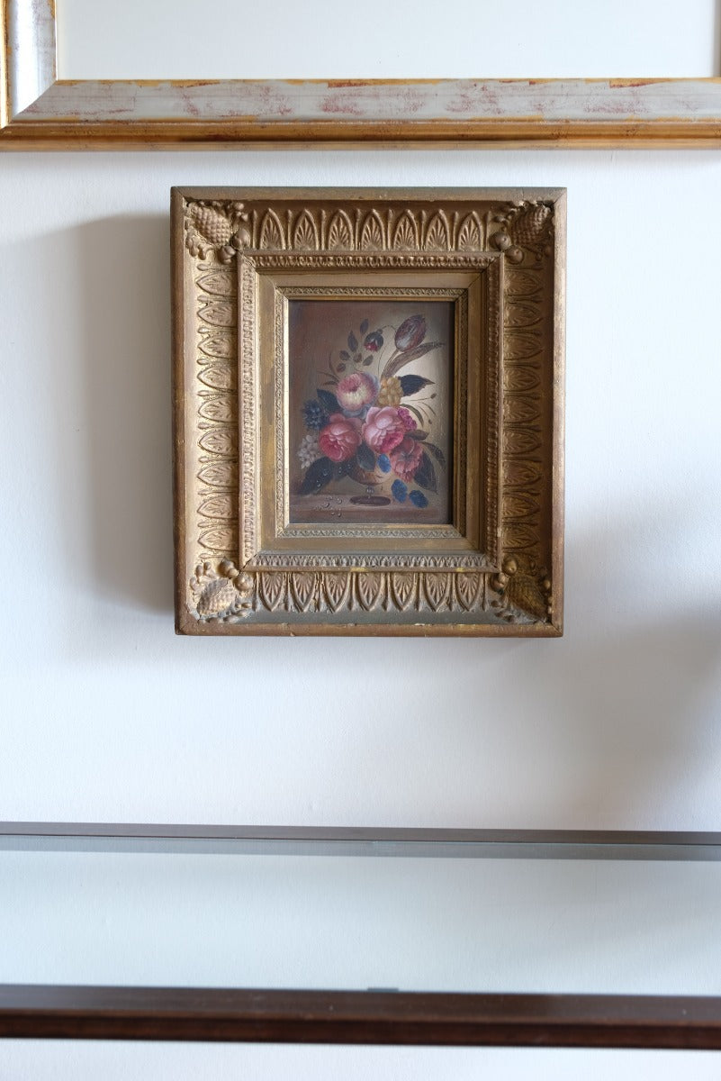English School oil on board still life of garden flowers in ornate gilt frame