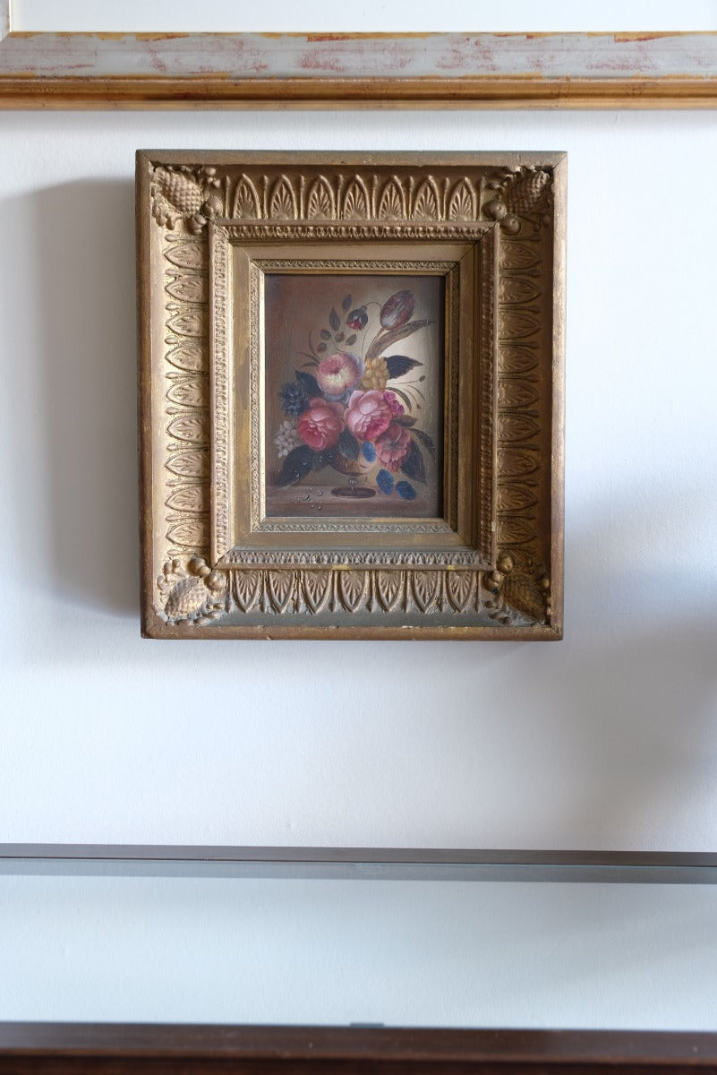English School oil on board still life of garden flowers in ornate gilt frame