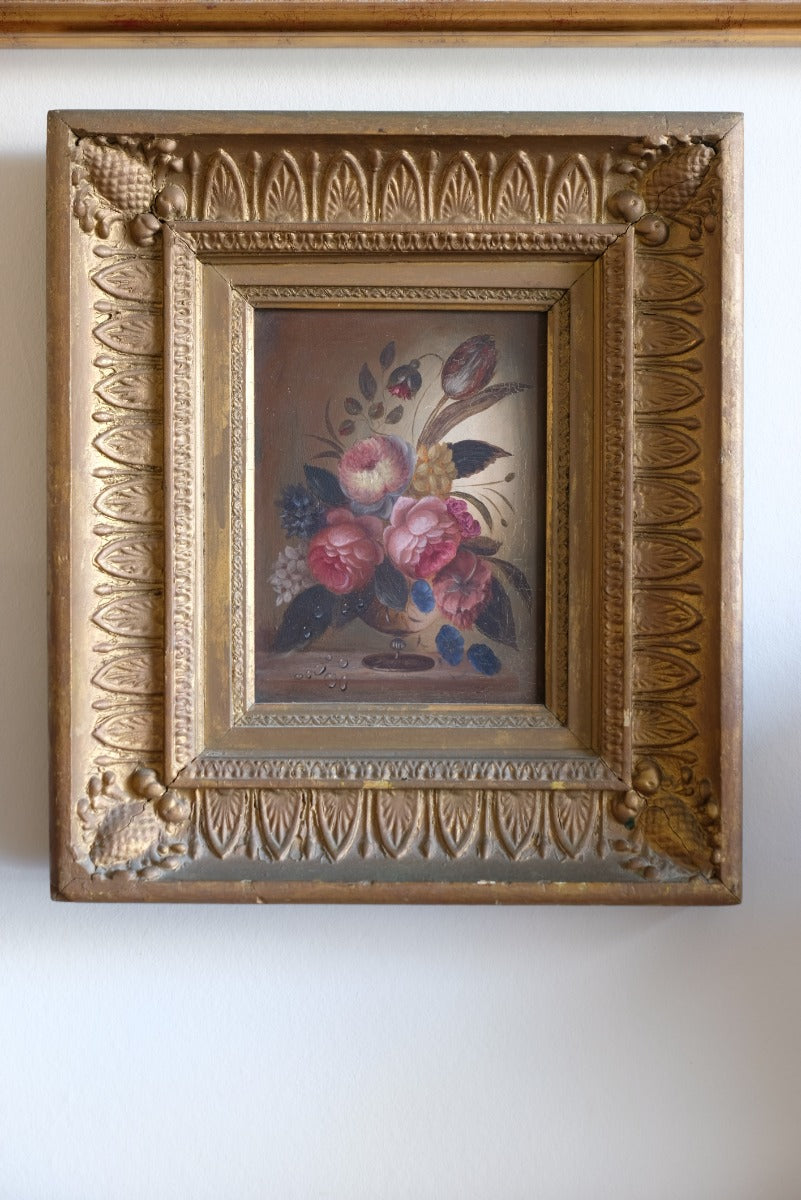 English School oil on board still life of garden flowers in ornate gilt frame