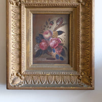 English School oil on board still life of garden flowers in ornate gilt frame