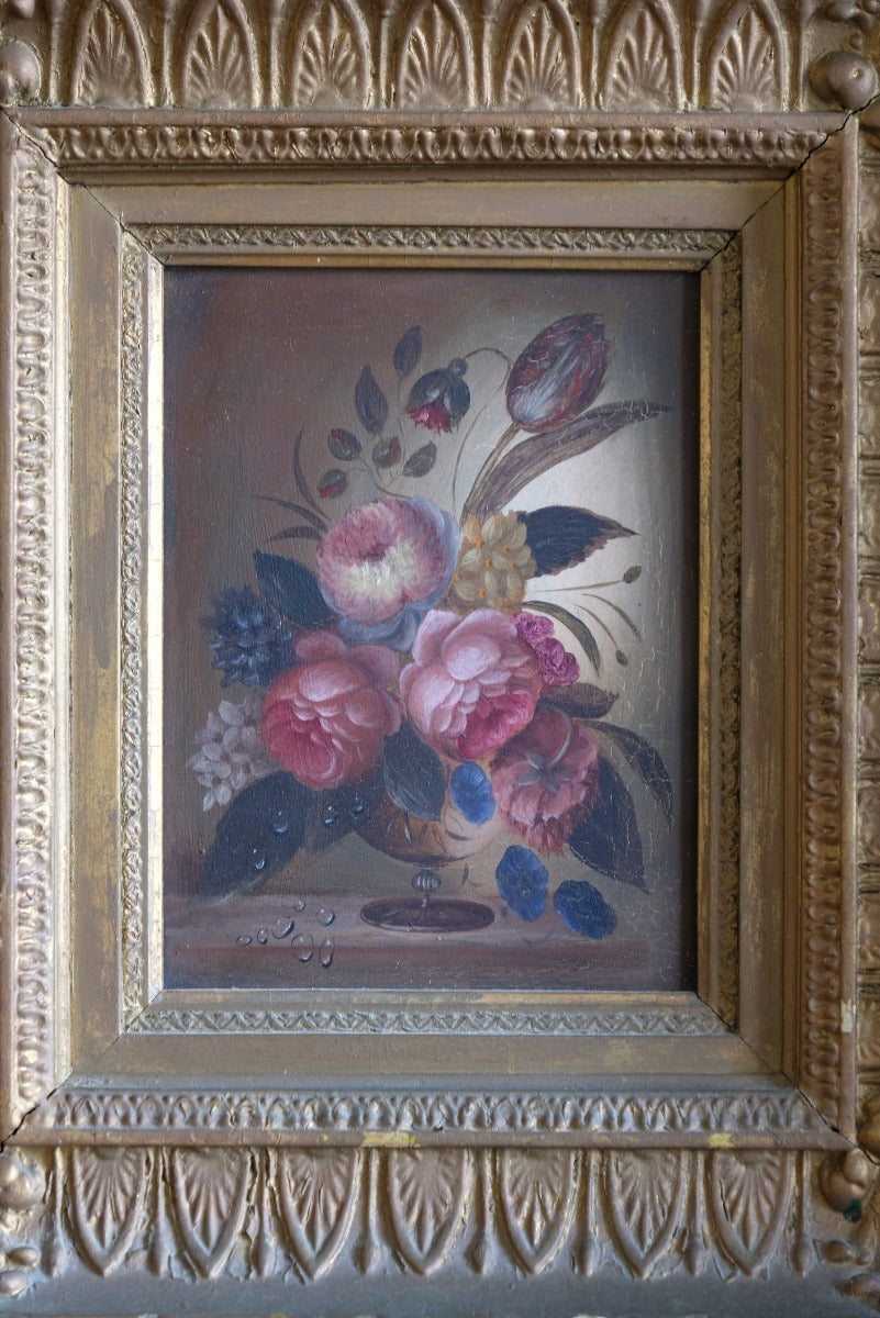 English School oil on board still life of garden flowers in ornate gilt frame