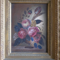 English School oil on board still life of garden flowers in ornate gilt frame