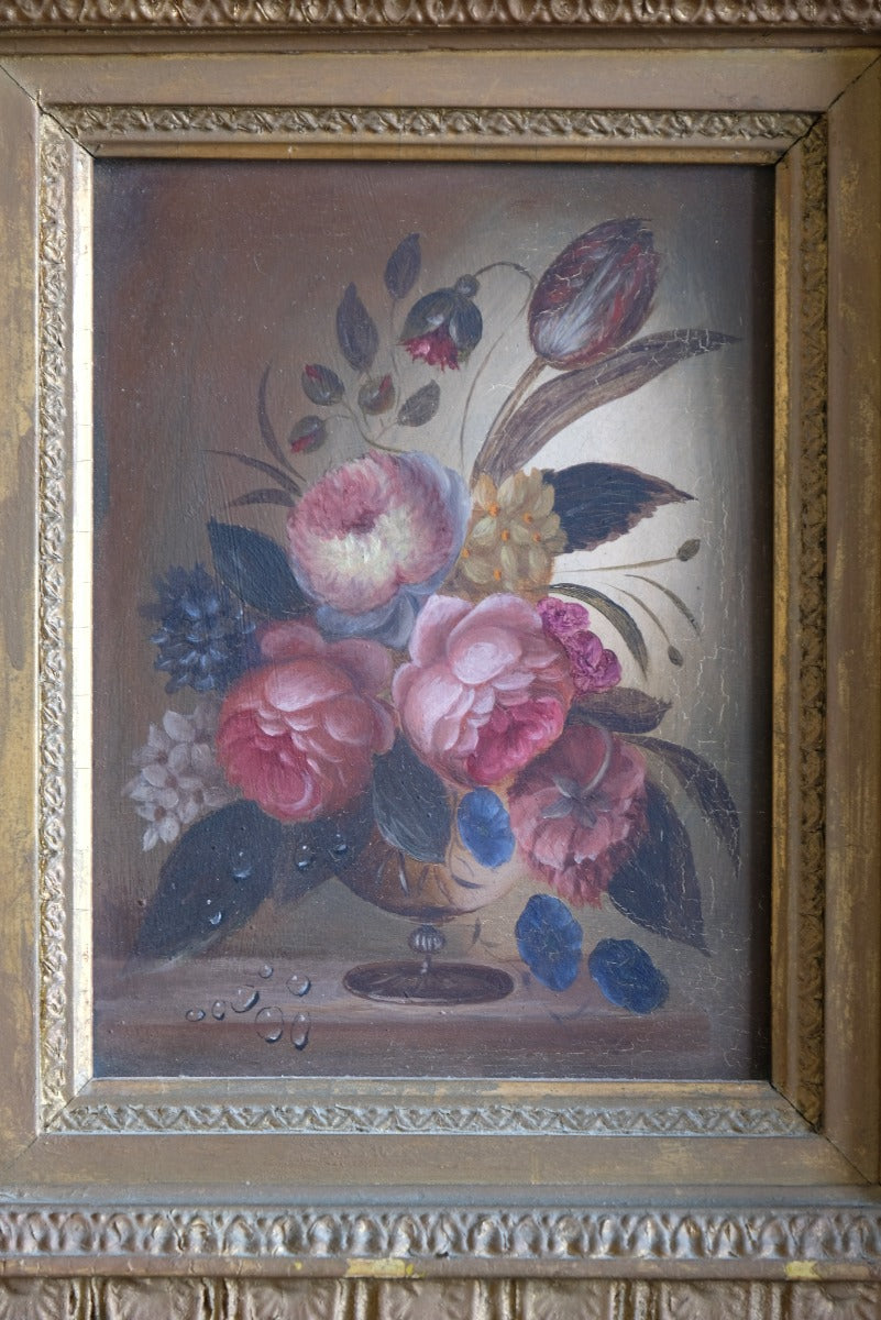 English School oil on board still life of garden flowers in ornate gilt frame