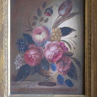English School oil on board still life of garden flowers in ornate gilt frame