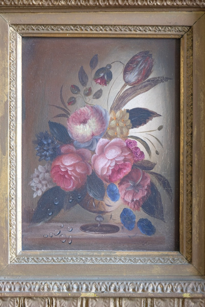 English School oil on board still life of garden flowers in ornate gilt frame