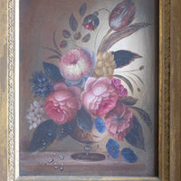 English School oil on board still life of garden flowers in ornate gilt frame