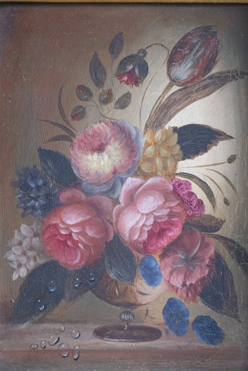 English School oil on board still life of garden flowers in ornate gilt frame