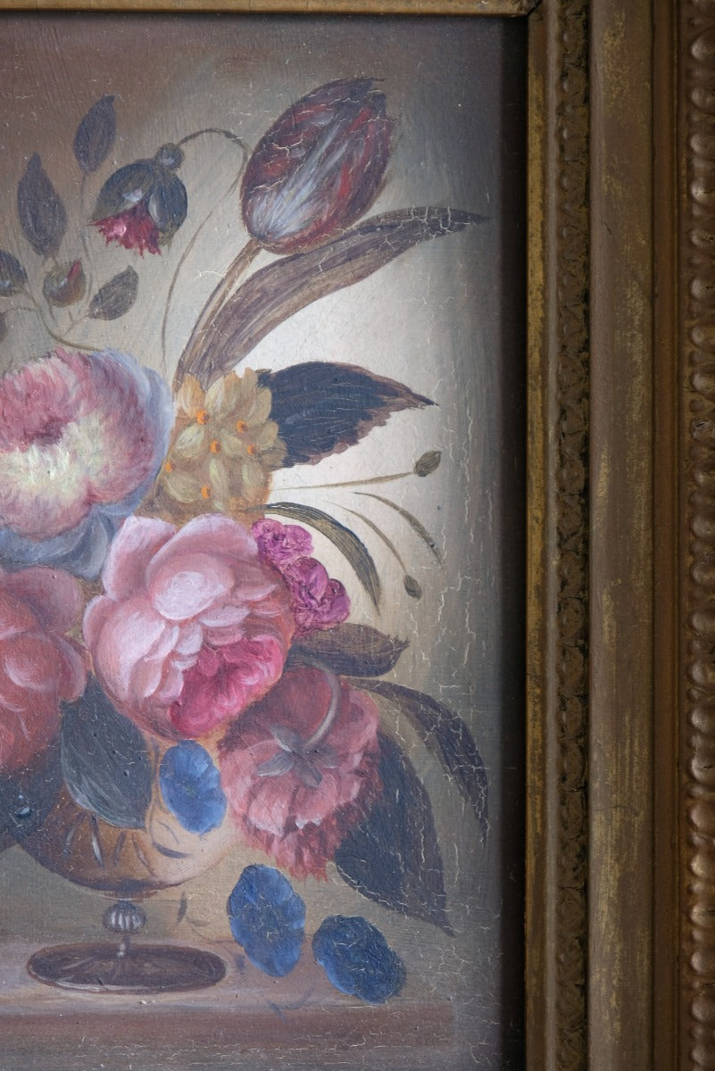 English School oil on board still life of garden flowers in ornate gilt frame