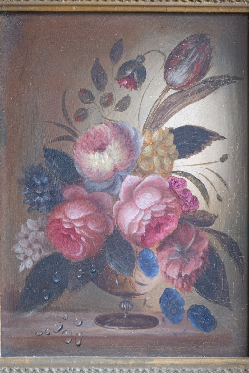 English School oil on board still life of garden flowers in ornate gilt frame