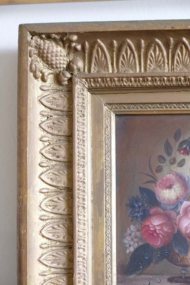 English School oil on board still life of garden flowers in ornate gilt frame