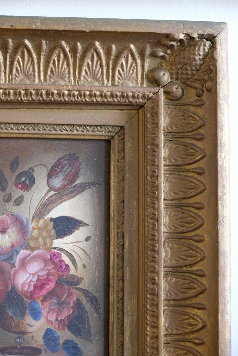 English School oil on board still life of garden flowers in ornate gilt frame