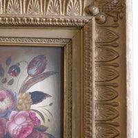 English School oil on board still life of garden flowers in ornate gilt frame