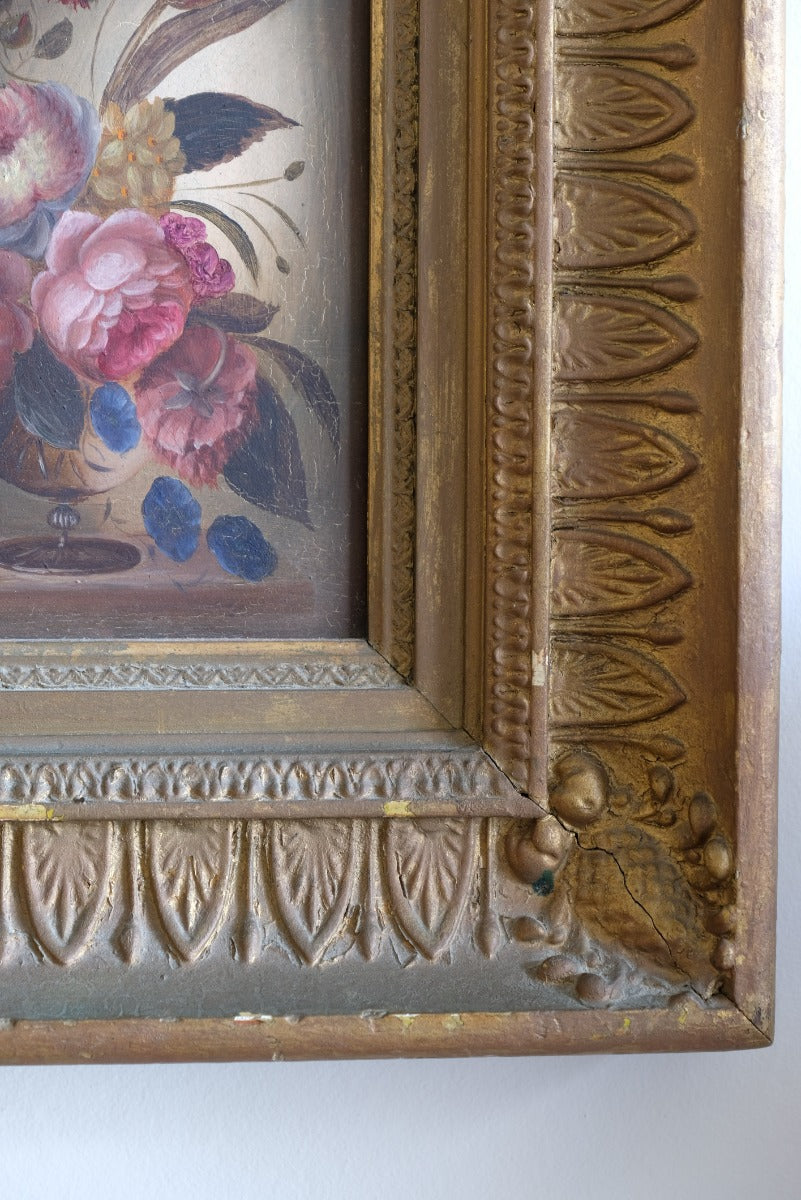 English School oil on board still life of garden flowers in ornate gilt frame