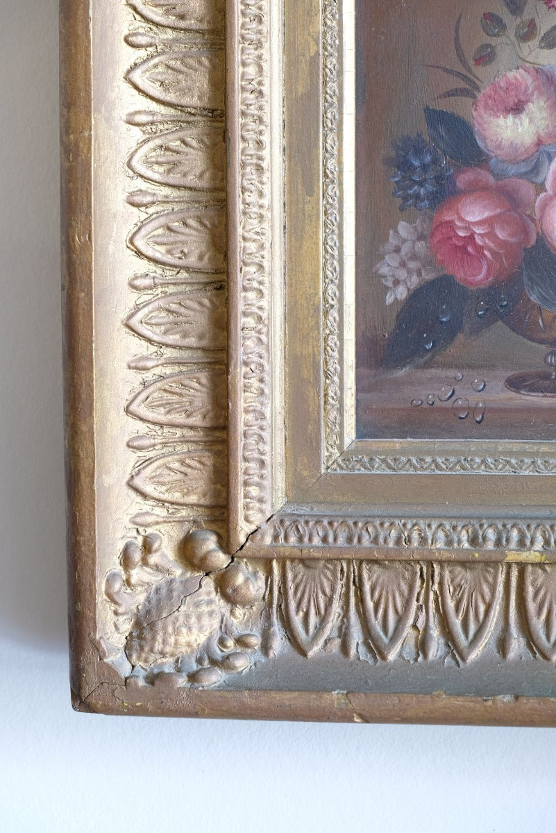 English School oil on board still life of garden flowers in ornate gilt frame