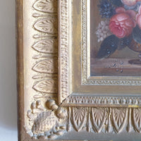 English School oil on board still life of garden flowers in ornate gilt frame