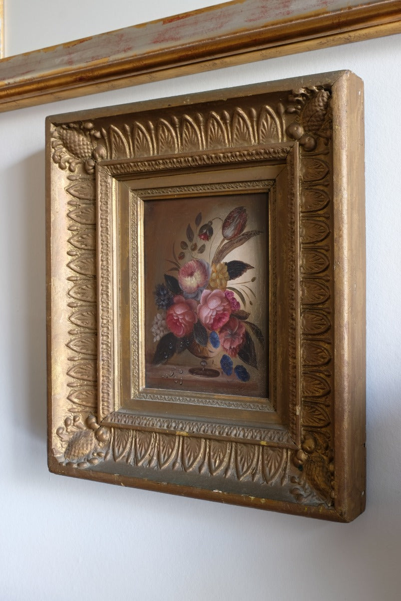 English School oil on board still life of garden flowers in ornate gilt frame