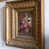 English School oil on board still life of garden flowers in ornate gilt frame