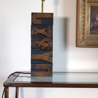 Close‑up of printing block letters forming lamp base