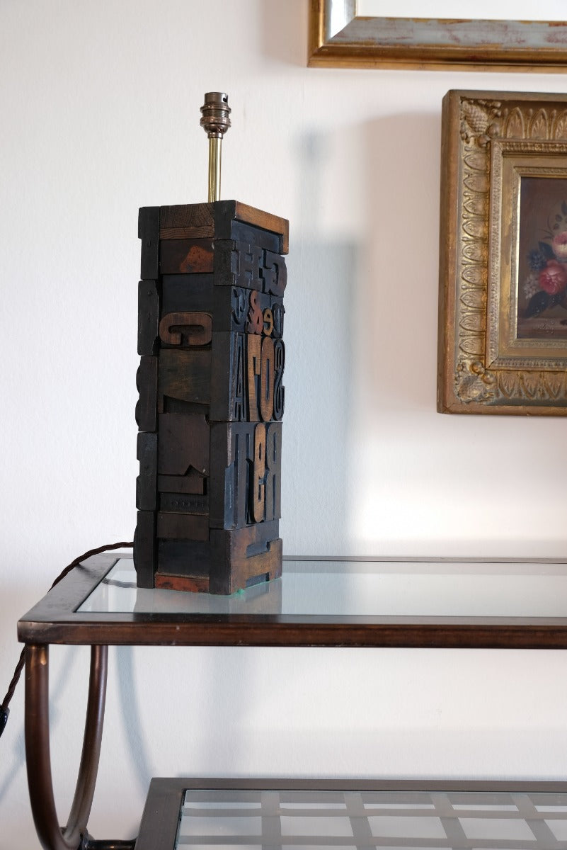 Close‑up of printing block letters forming lamp base