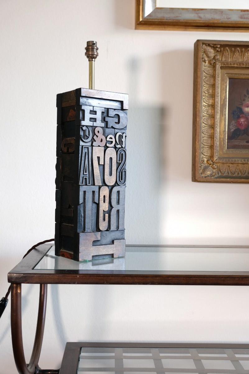 Close‑up of printing block letters forming lamp base