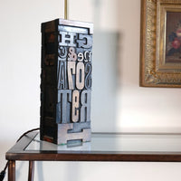 Close‑up of printing block letters forming lamp base