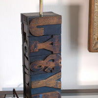 Close‑up of printing block letters forming lamp base