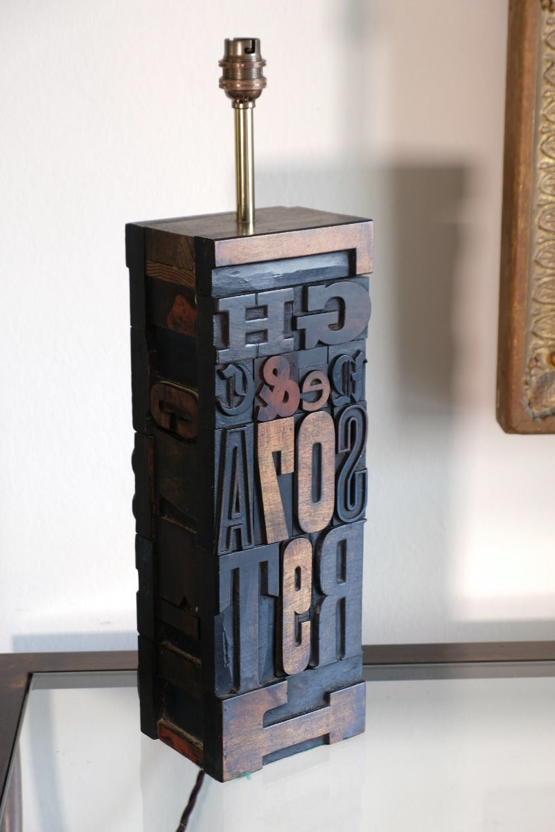 Close‑up of printing block letters forming lamp base