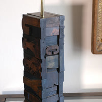 Close‑up of printing block letters forming lamp base