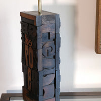 Close‑up of printing block letters forming lamp base