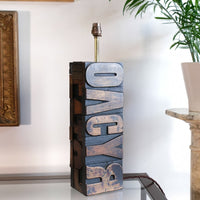 Close‑up of printing block letters forming lamp base