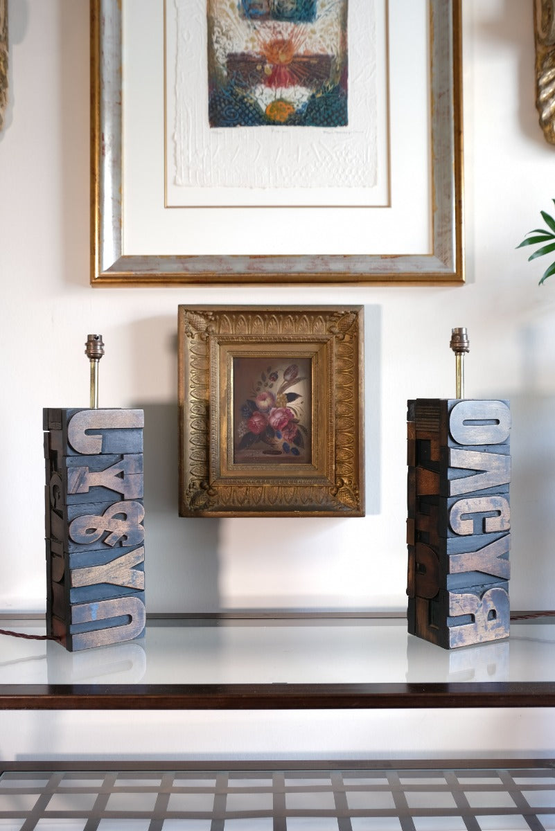 Pair of vintage printing block letter table lamps