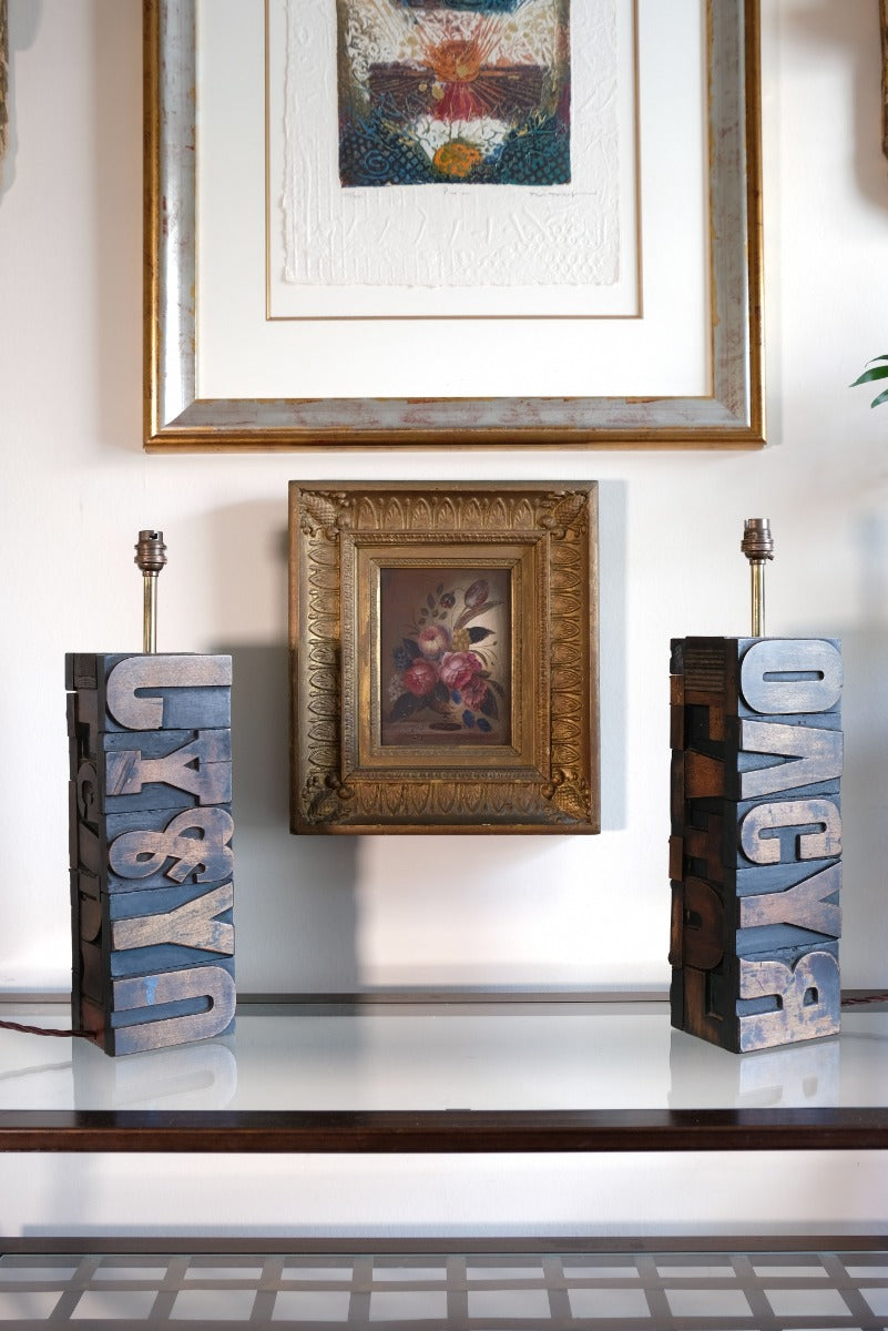 Pair of vintage printing block letter table lamps