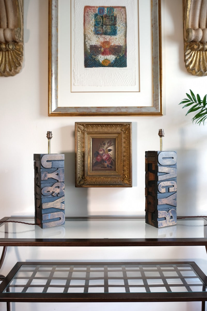 Pair of vintage printing block letter table lamps
